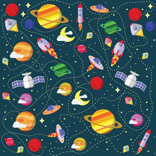 الگوی فضایی رنگارنگ بزرگ با ماهواره ها سیارات و کشتی های موشکی ایده آل برای کاغذ دیواری و طراحی کاغذ بسته بندی