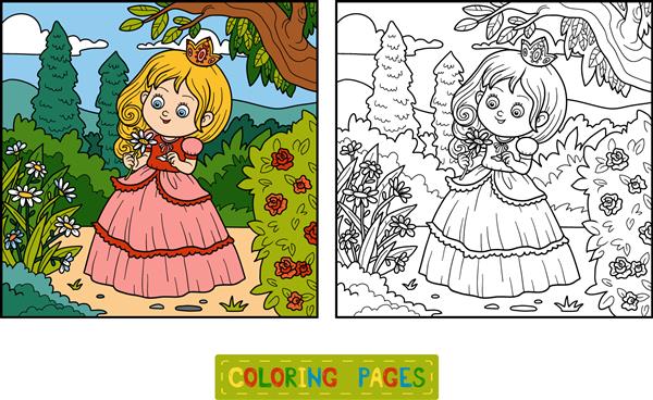 کتاب رنگ آمیزی برای کودکان شاهزاده خانم کوچولو با یک گل در باغ