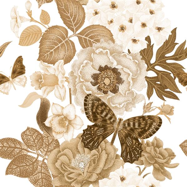 الگوی وکتور بدون درز با گل رز گل صد تومانی نرگس ادریسی پروانه طراحی گل برگ حشرات سبک وینتیج تصویر دکوراسیون گل طلا در زمینه سفید