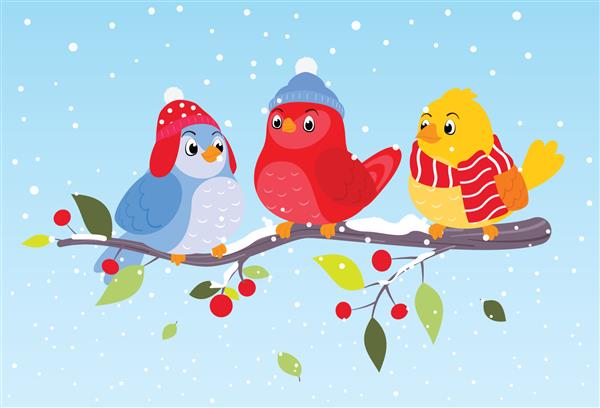 پرندگان رنگارنگ در صحنه زمستان