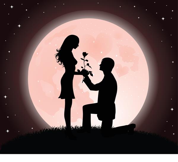 تصویر مردی که گل رز روی زانویش را به زنی زیبا تقدیم می کند ماه یک ستاره در پس زمینه