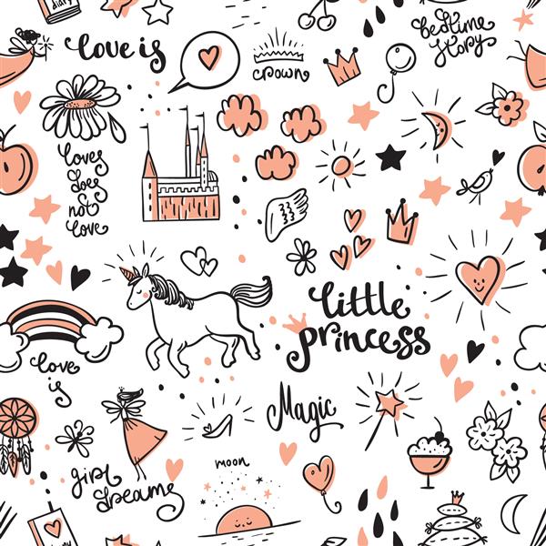 مجموعه ای از شاهزاده خانم دودل و نماد فانتزی و و عنصر طراحی برای دعوت و کارت تبریک الگوی بدون درز