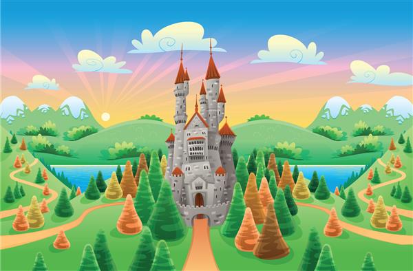 پانوراما با قلعه قرون وسطایی کارتون و وکتور