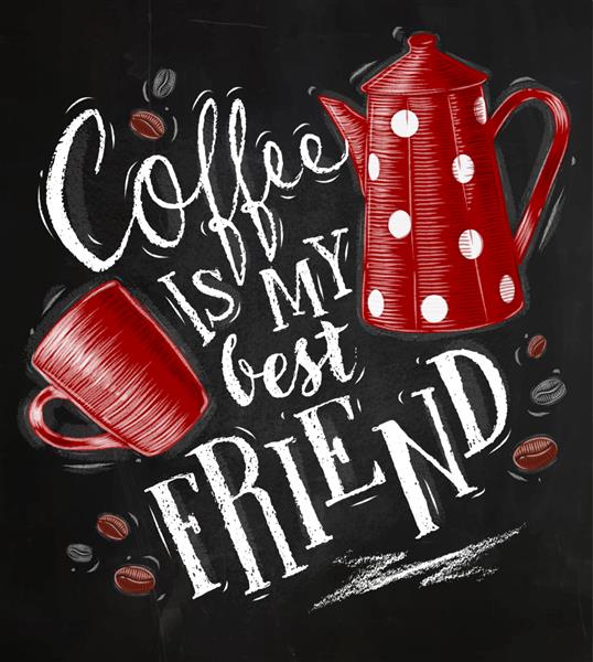 پوستری با حروف فنجان و قابلمه قهوه بهترین دوست من است که روی پس‌زمینه تخته سیاه نقاشی می‌کند