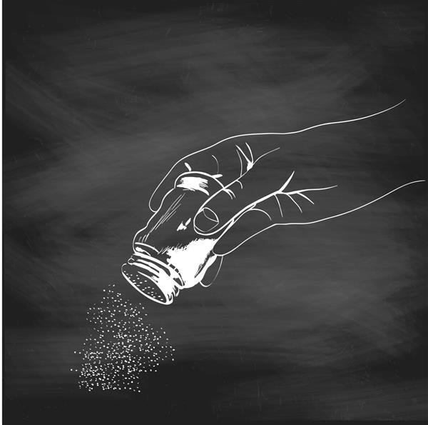 تصویر یک دست با نمکدان نقاشی شده با گچ روی تخته سیاه