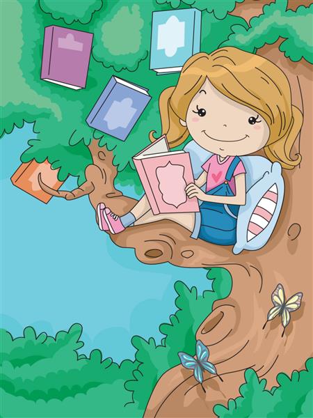 تصویر یک دختر کوچک ناز در حال خواندن کتاب در حالی که روی شاخه درخت نشسته است