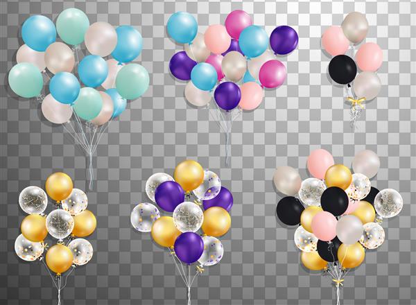 Flying Mega مجموعه ای از بالن های رنگارنگ جدا شده دکوراسیون مهمانی برای تولد سالگرد جشن طراحی رویداد بردار