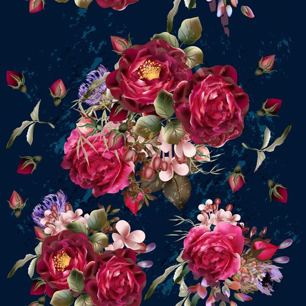 الگوی زیبا به سبک وینتیج در زمینه آبی تیره با گل های رز قرمز