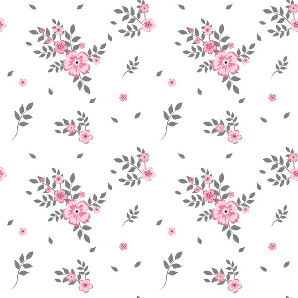 نقاشی در یک گل صورتی کوچک با برگ های خاکستری در زمینه سفید پس‌زمینه بدون درز رنگارنگ برای منسوجات پارچه پارچه پنبه‌ای جلد کاغذ دیواری چاپ بسته‌بندی کادو و اسکرپ بوک