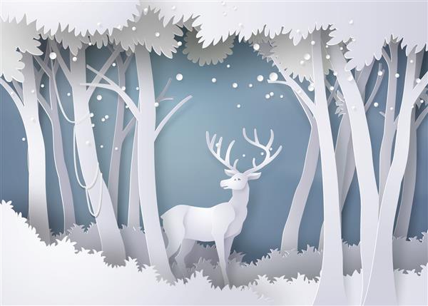 گوزن در جنگل با برفبردار هنر کاغذی و سبک کاردستی دیجیتال