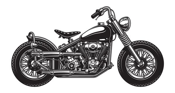 تصویر تک رنگ موتور سیکلت کلاسیک جدا شده در پس زمینه سفید