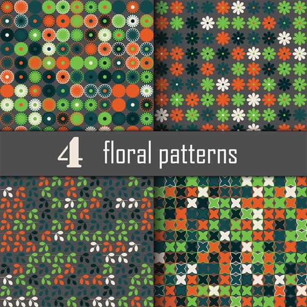 مجموعه چهار الگوی گل بدون درز با عناصر رنگی پس‌زمینه انتزاعی وکتور پس‌زمینه گل‌های رنگارنگ