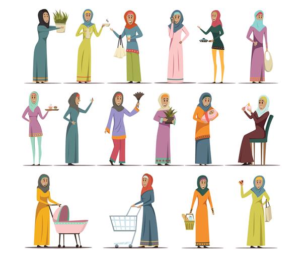 مجموعه آیکون‌های زن عربی با نمادهای کار و خانواده با وکتور مسطح جدا شده