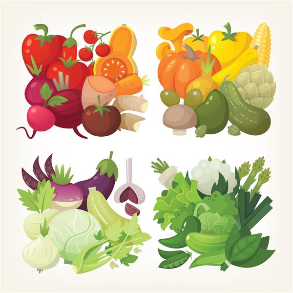 سبزیجات رنگارنگ بر اساس رنگ به گروه های مربعی سازماندهی شده اند وکتور عناصر مواد غذایی