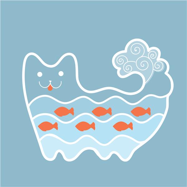 وکتور گربه دریایی آکواریوم گربه در حال خوردن ماهی ماهی قرمز درون گربه