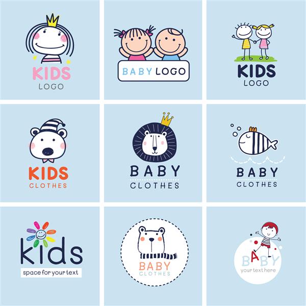 مجموعه علائم نمادها و لوگوهای خلاقانه هویت برند برای نوزاد بچه ها و کودک