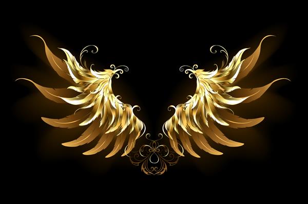 بال های فرشته براق و طلایی در زمینه تیره