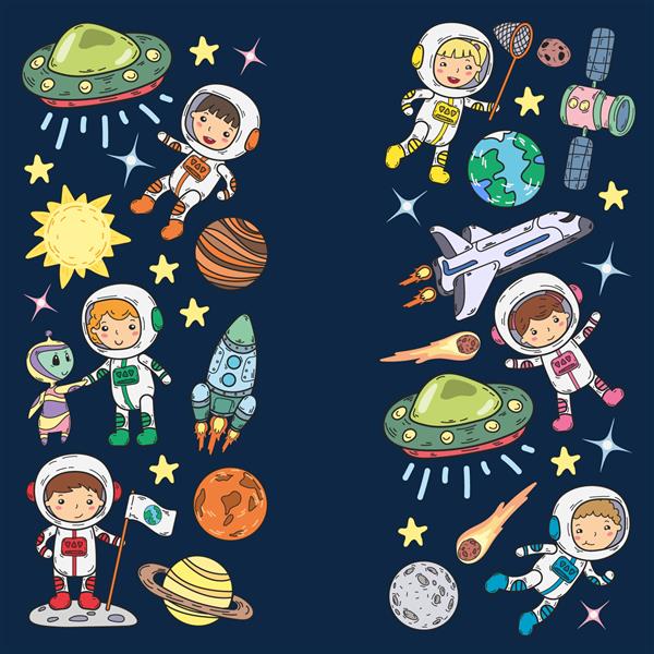 مهدکودک فضایی مدرسه درس نجوم کودکان تصویر کودکان دودل بیگانه سطح ماه زمین مشتری زحل نمادهای وکتور مریخ