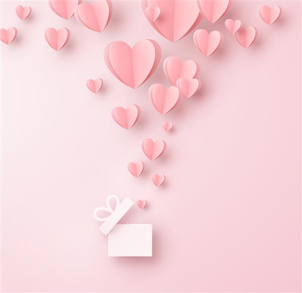 قلب ولنتاین با کارت پستال جعبه هدیه عناصر پرواز کاغذ در پس زمینه صورتی وکتور نمادهای عشق به شکل قلب برای تبریک زنانه مادر روز ولنتاین طرح کارت تبریک تولد