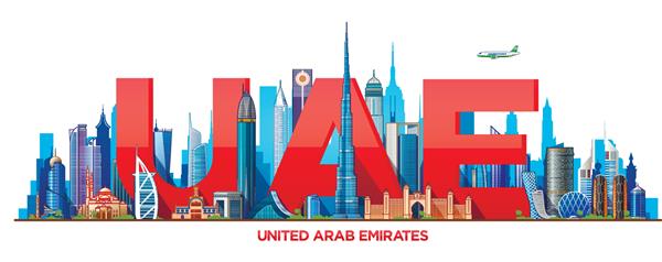تصویر خط افق امارات متحده عربی در پس‌زمینه سفید وکتور تخت مفهوم سفر تجاری و گردشگری با ساختمان های مدرن تصویر برای بنر یا وب سایت