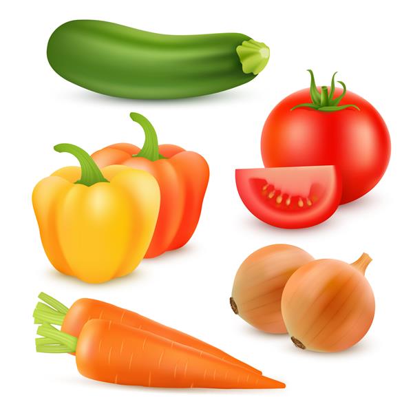 سبزیجات واقع گرایانه گوجه فرنگی پیاز فلفل هویج و کدو سبز مجموعه آیکون های وکتور سه بعدی جدا شده