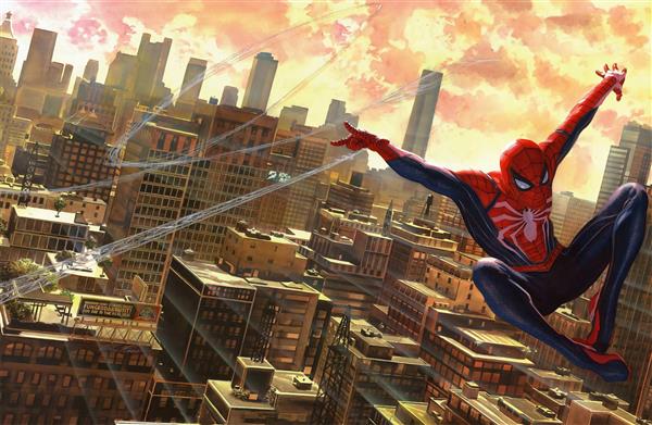 کاراکتر مرد عنکبوتی در آسمان شهر