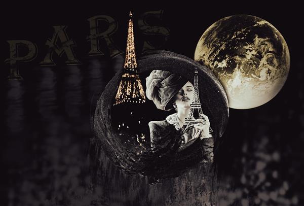 آرزو تصویر زنی در رویای پاریس با چشمانی بسته برج ایفل در دستانش