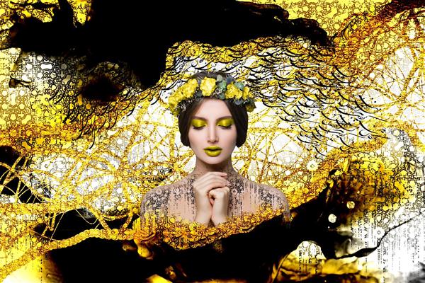 گل یخ تصویر دختری با تاج گل پس زمینه مشکی طلایی