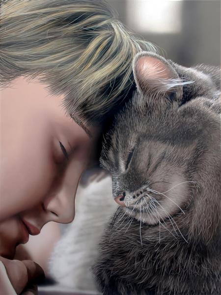 نقاشی عشق پسر به گربه