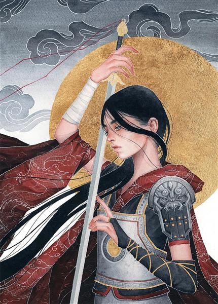 نقاشی دختر سامورایی با زره و شمشیر