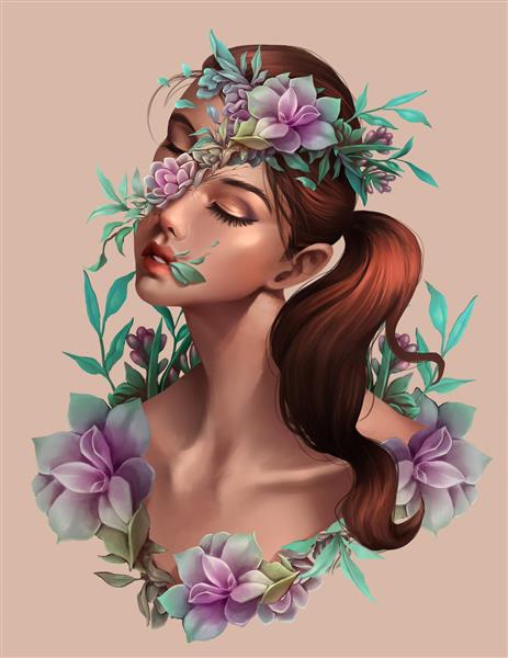 نقاشی دیجیتال سردرد دختر و گل های زیبا