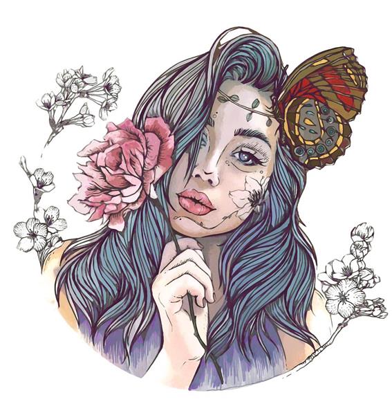 نقاشی دختر جوان با گل صورتی و پروانه