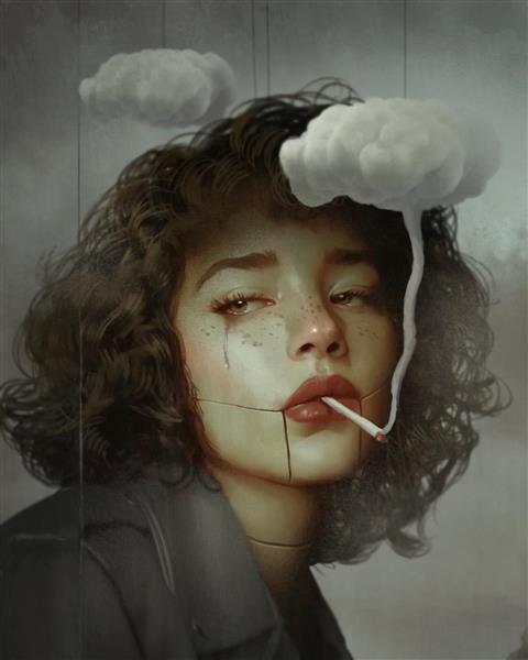 دختر غمگین و ابرهایی از دود سیگار