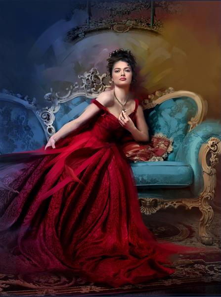 زن زیبا در لباس قرمز فاخر