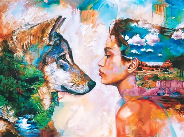 نقاشی رنگ روغن دختر و گرگ