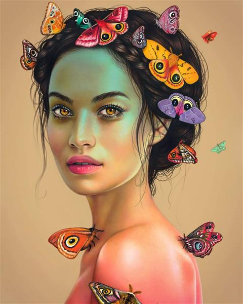 دختر جوان و پروانه های رنگارنگ