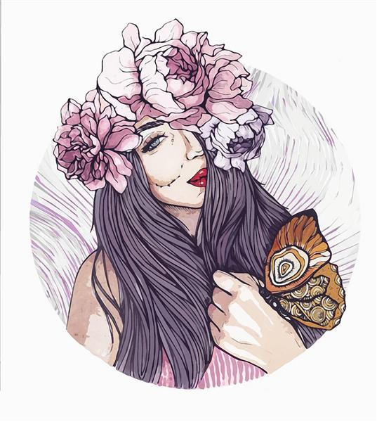 نقاشی زن زیبا با تاجی از گل