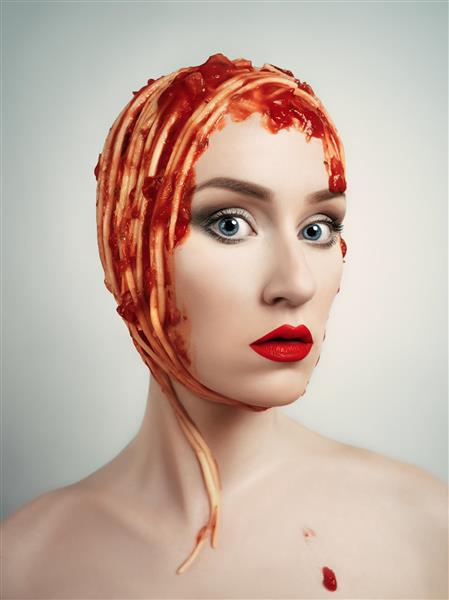 زنی با سر و صورت اسپاگتی و سس سیب زمینی