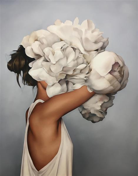دختری با گل های سفید بر روی سرش نقاشی رنگ روغن