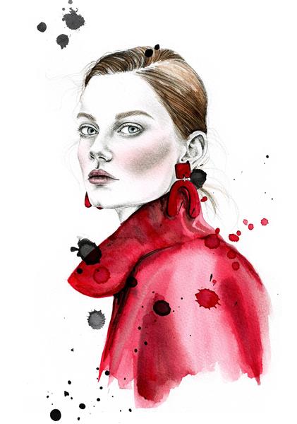 نقاشی دختر مدل کت قرمز می پوشد