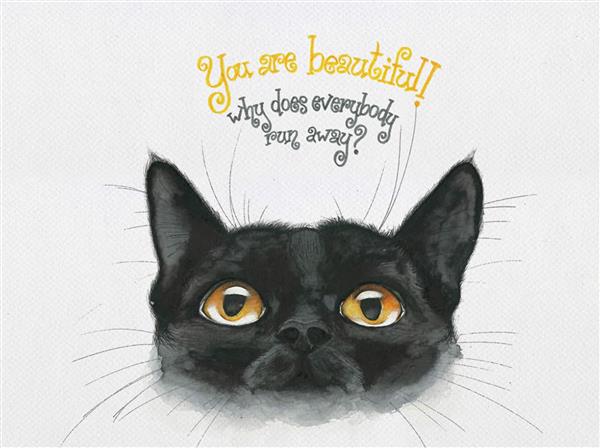 گربه سیاه تو نقاشی آبرنگی زیبایی هستی