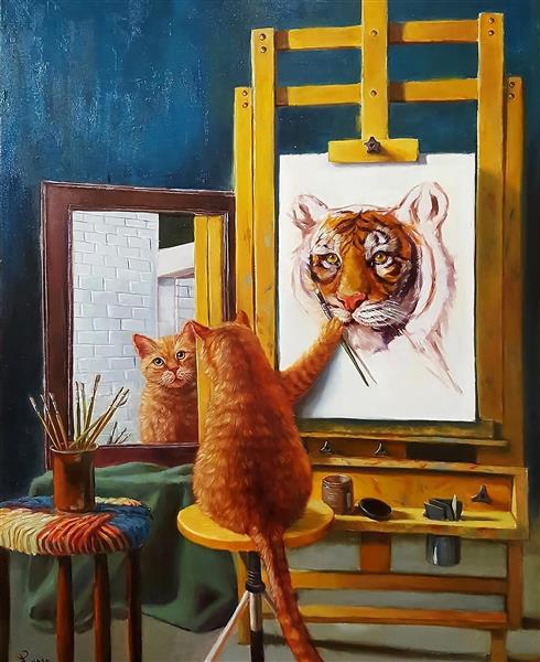 گربه با نگاه کردن به خود در آینه ببر را نقاشی می کند