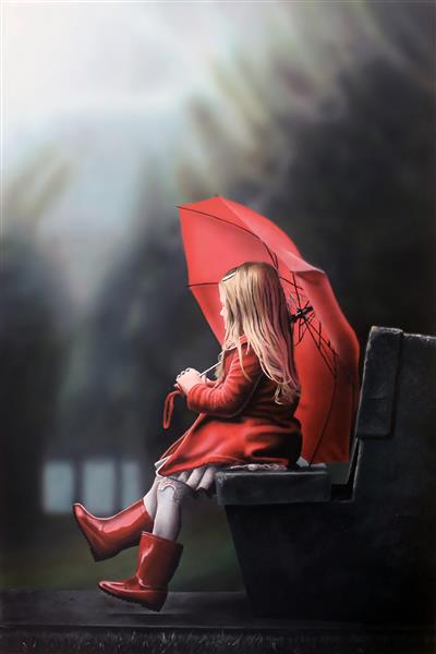 در انتظار باران با چتر قرمز
