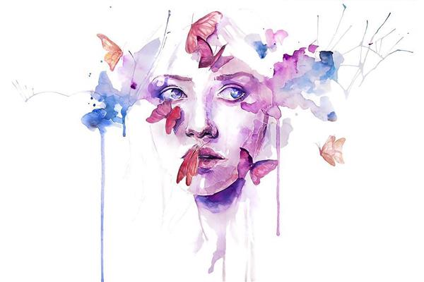 چهره دختر جوان و پروانه های رنگارنگ نقاشی آبرنگی