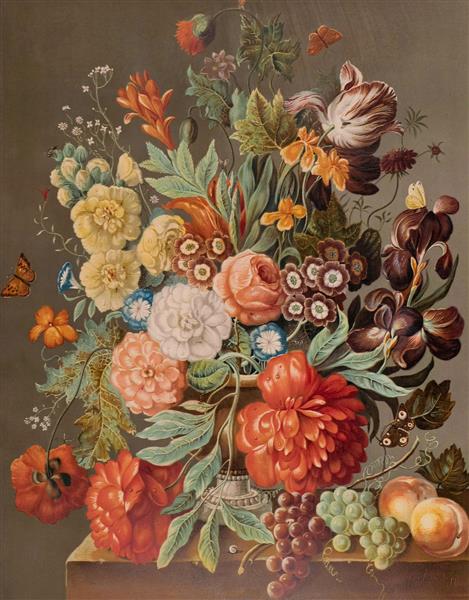 گلدان گل و میوه های رنگارنگ نقاشی رنگ روغن
