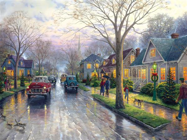 نقاشی کلاسیک از خیابان بارانی و خانه های دنج اروپایی برای چاپ پوستر دیواری سه بعدی و پرده چاپی اتاق نشیمن