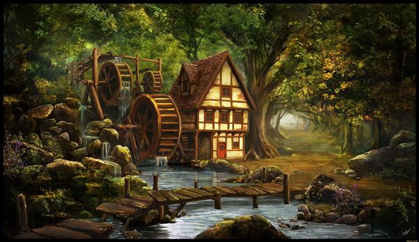 نقاشی خانه جنگلی در کنار رودخانه
