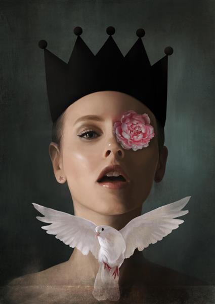 نقاشی دیجیتال پرنده و ملکه گل