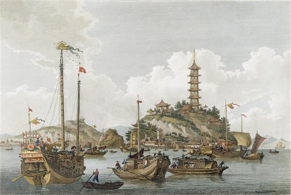 حکاکی از نمای چین شان یا جزیره طلایی در یانگ تسه کیانگ یا رودخانه بزرگ چین