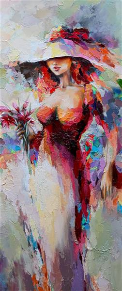 زن مد روز با لباس قرمز و گل نقاشی
